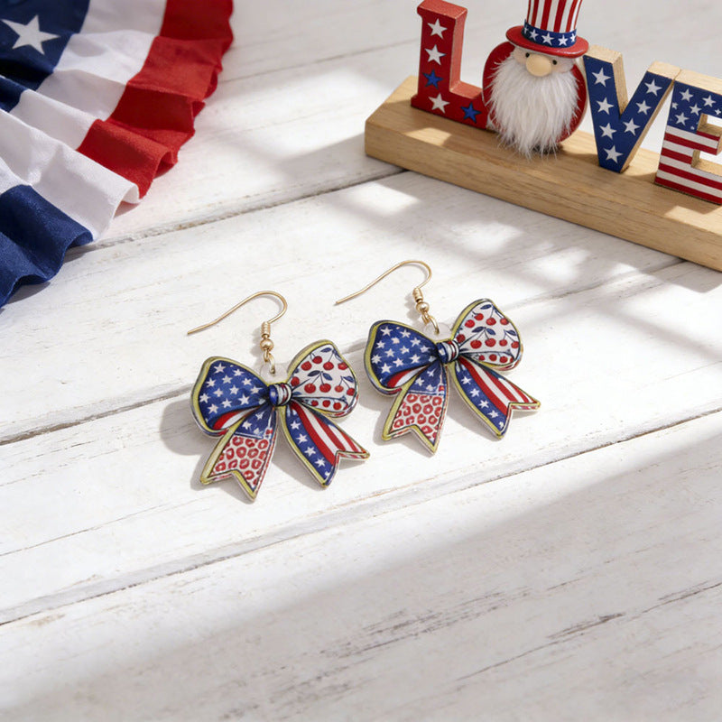 Ladies nan statement earrings with bow shape and American flag pendant Bowlift