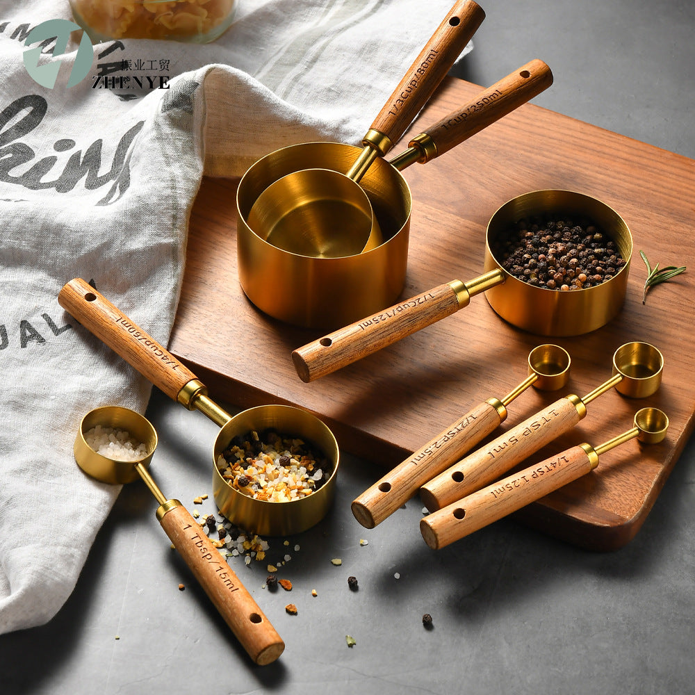 MeasureWood Measuring Spoons and Measuring Cups Set Stainless Steel Oak Wood 8-piece | Bowlift