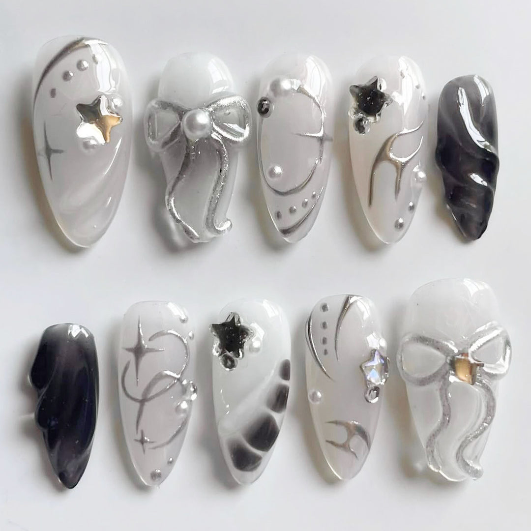 Creative Press-On Nail Art Set with Elegant Silver Accents Bowlift