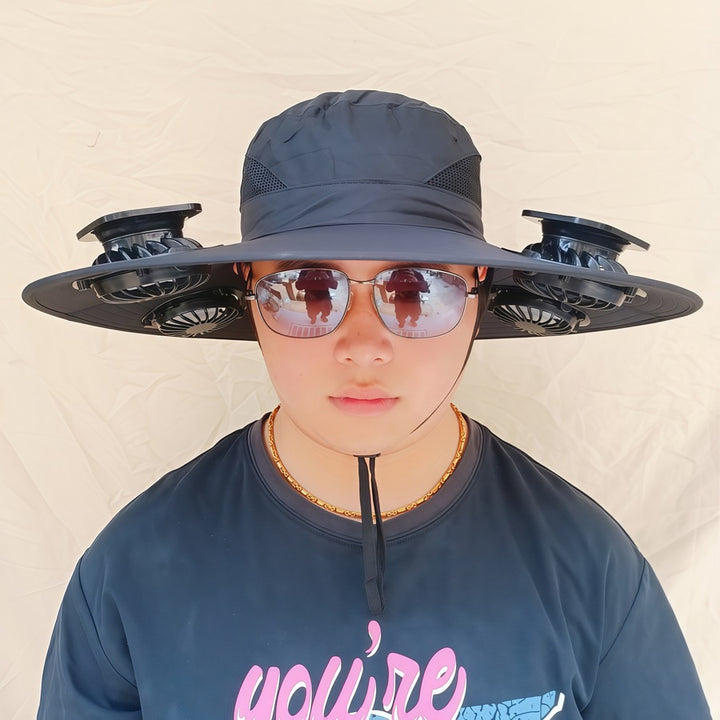 Wide-brimmed sun hat with detachable swivel solar fans and adjustable chin strap Bowlift