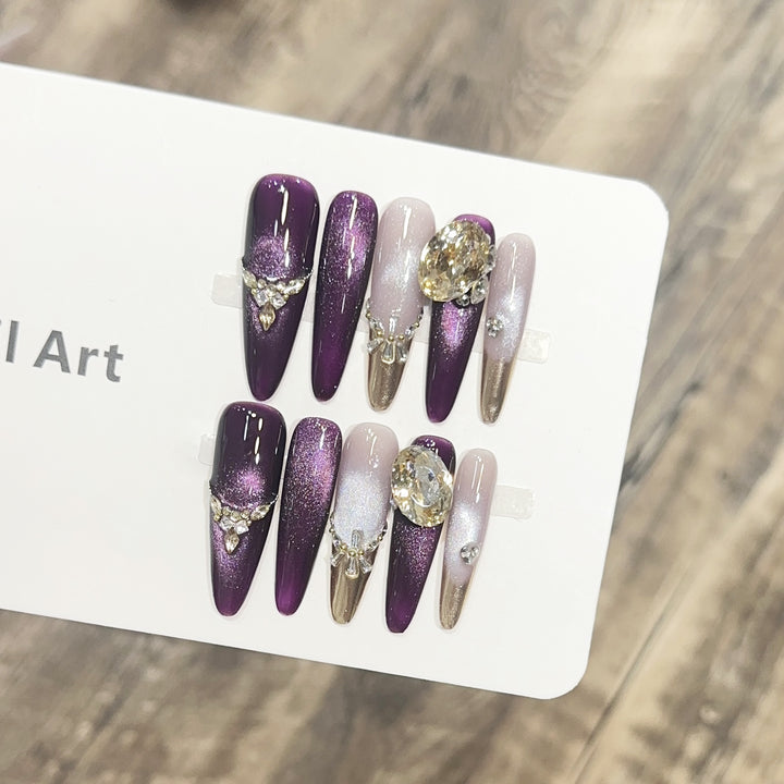 Elegant Stiletto Press-On Nail Set with Decorative Jewel Accents Bowlift