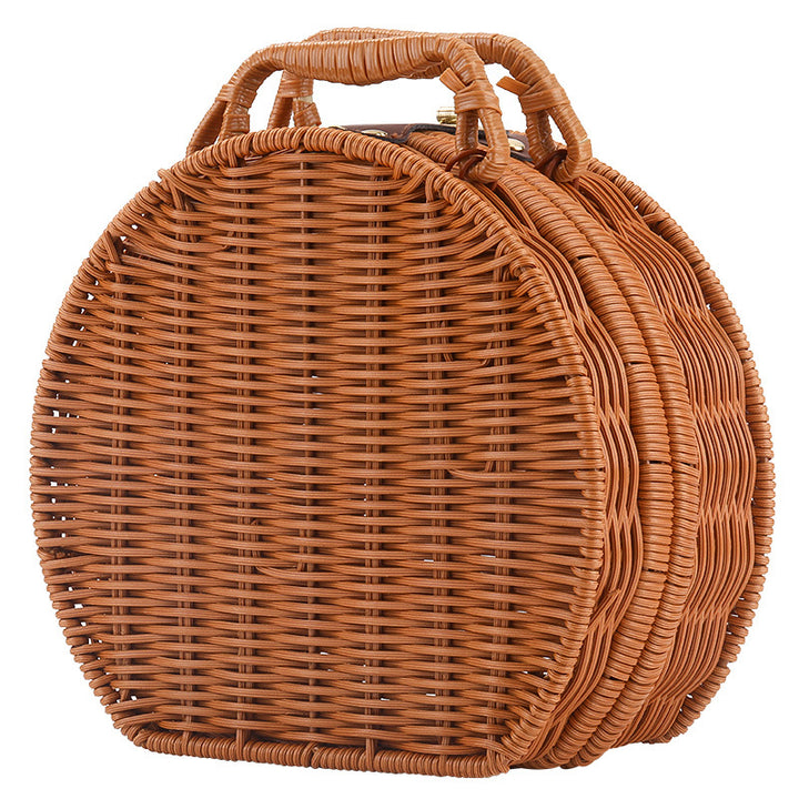 Women Round Wicker Handbag Bowlift