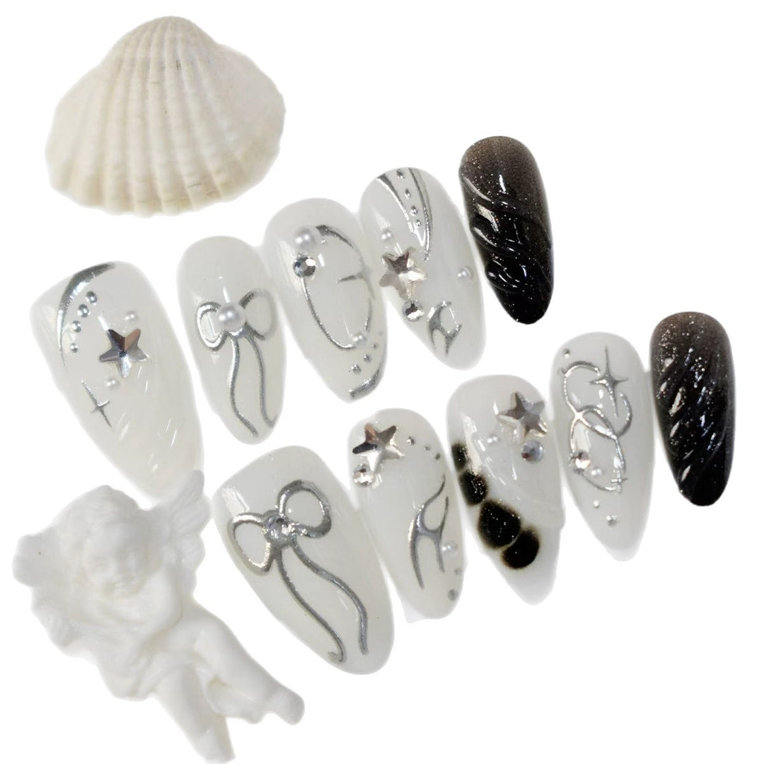 Creative Press-On Nail Art Set with Elegant Silver Accents Bowlift
