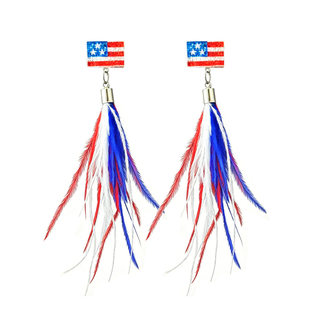 Ladies long feather earrings with tassels, round cabochon stud and nickel-free setting Bowlift