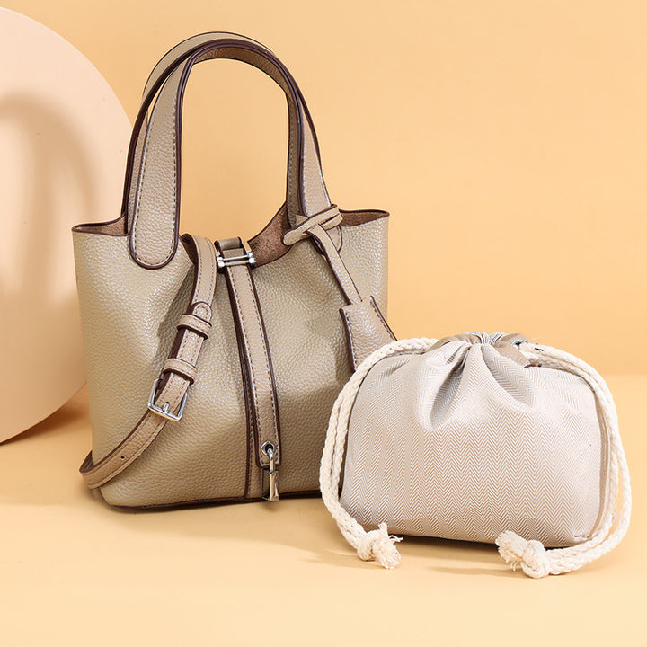 Dual-Compartment Textured Leather Tote Bag Bowlift