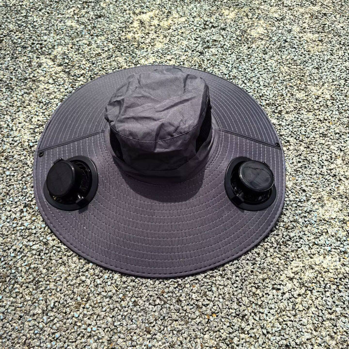 Ventilated sun hat with integrated solar fans and wide brim Bowlift