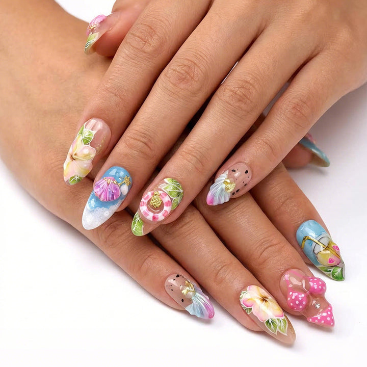 Artificial nail set with botanical designs and glamorous accents Bowlift