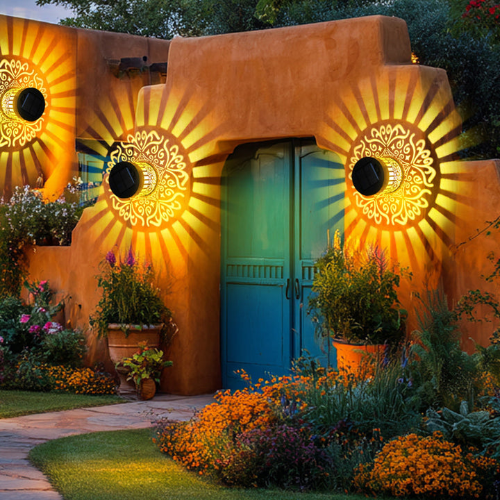 Decorative Solar Wall Lantern With Moroccan Cutout Projection Metal Outdoor Sconce Pair Bowlift