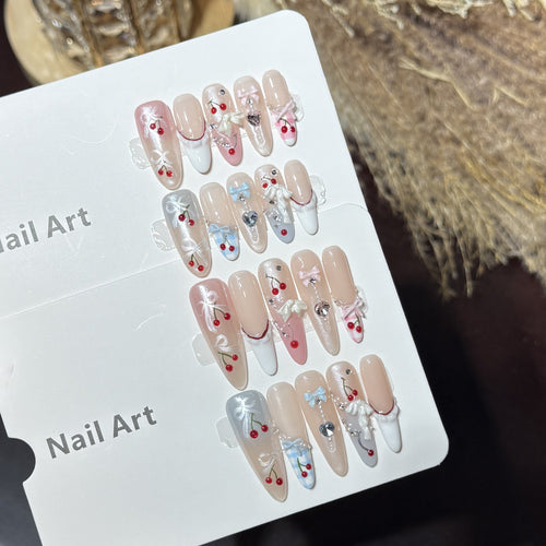 Decorative Press-On Nail Art Set with Charming Cherry Accents Bowlift