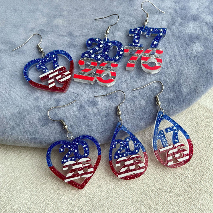 Women's nan patriotic heart dangle earrings with layered star stripe cutout and fishhook Bowlift