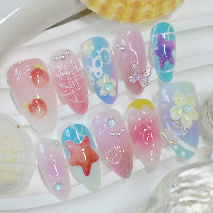 Artistic Sea-Themed Press-On Nail Art Bowlift