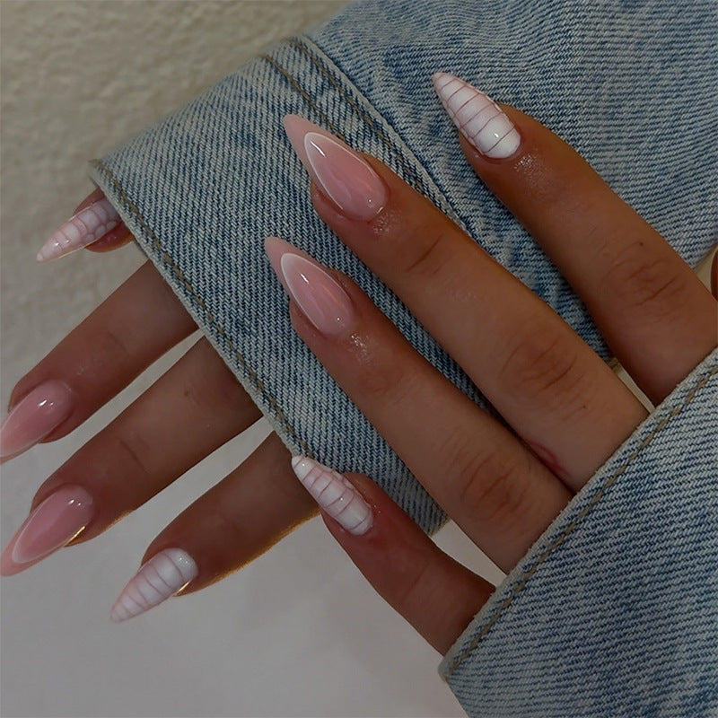Elegant Almond-Shaped Press-On Nail Set with Striped and Solid Design Bowlift