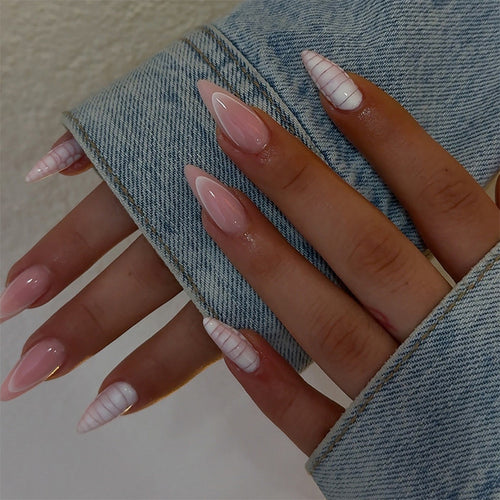 Elegant Almond-Shaped Press-On Nail Set with Striped and Solid Design Bowlift