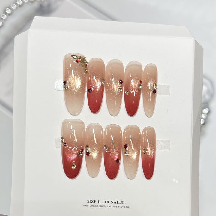 Premium Press-On Nail Art Set with Elegant Heart & Leaf Design Bowlift