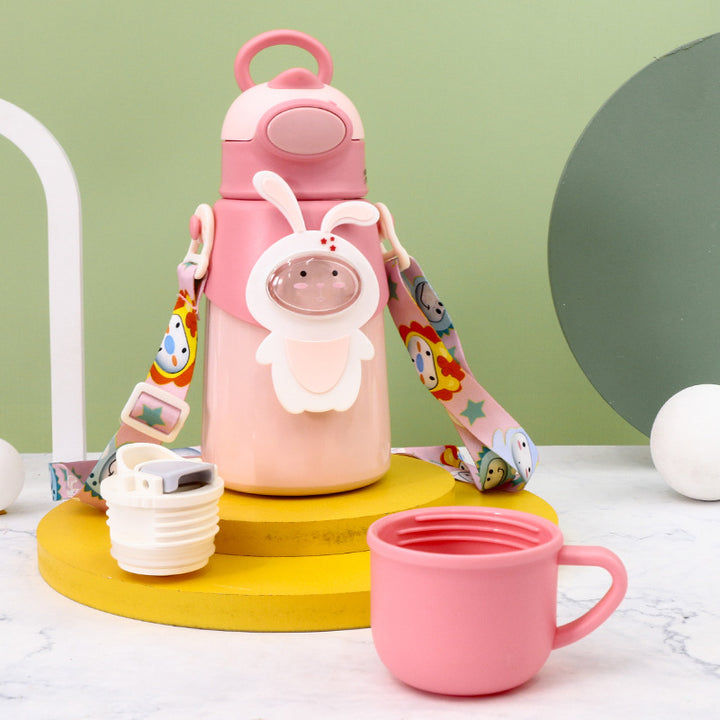 Women's water bottle with friendly animal design and carrying strap Bowlift
