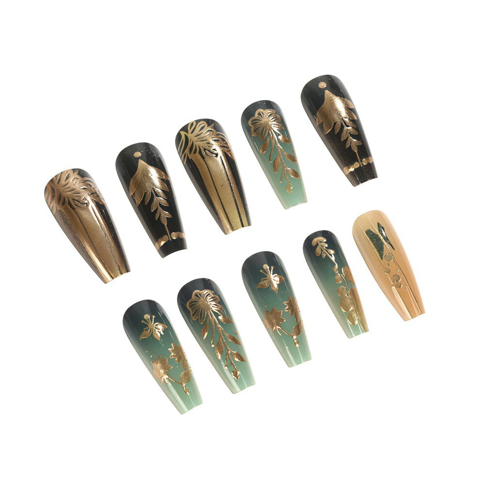 Artificial nails with floral gold embellishments Bowlift