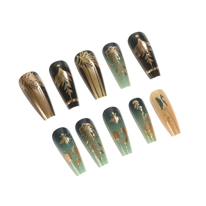 Artificial nails with floral gold embellishments Bowlift