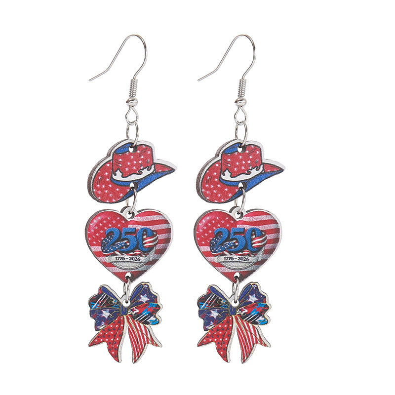 Women's nan patriotic triple-charm dangly novelty earrings with cowboy hat heart bow Bowlift