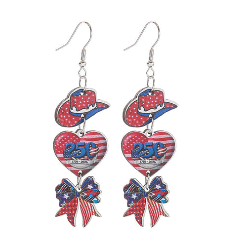 Women's nan patriotic triple-charm dangly novelty earrings with cowboy hat heart bow Bowlift