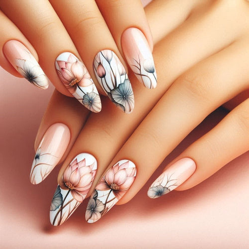 Artificial nail set with floral and artistic motifs Bowlift