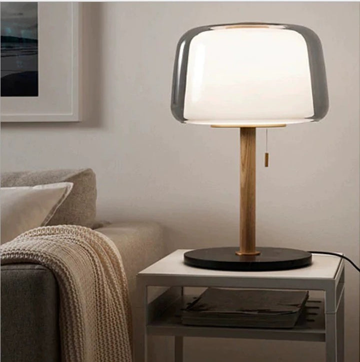 Modern Table Lamp with Glass Shade and Wood Base