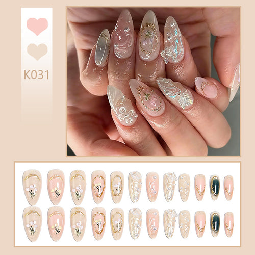 Elegant artificial nails with holographic and floral decorations Bowlift