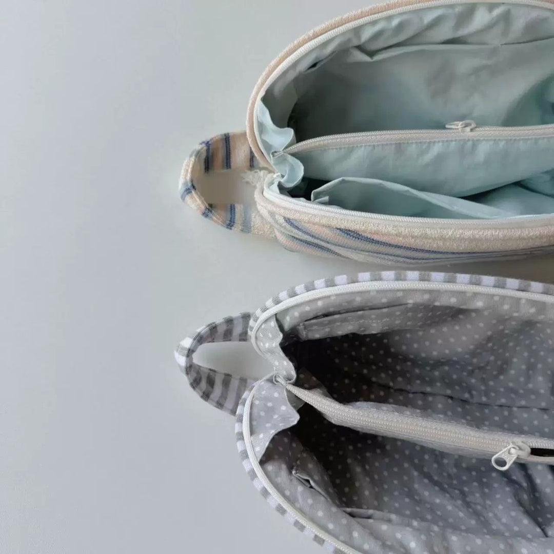 Striped Cotton Cosmetic and Pencil Pouch with Wrist Strap Bowlift