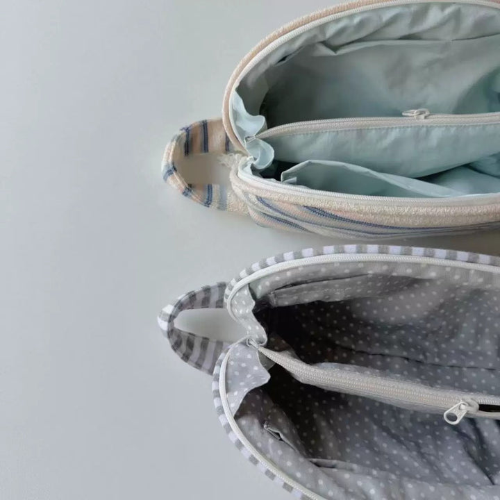 Striped Cotton Cosmetic and Pencil Pouch with Wrist Strap Bowlift