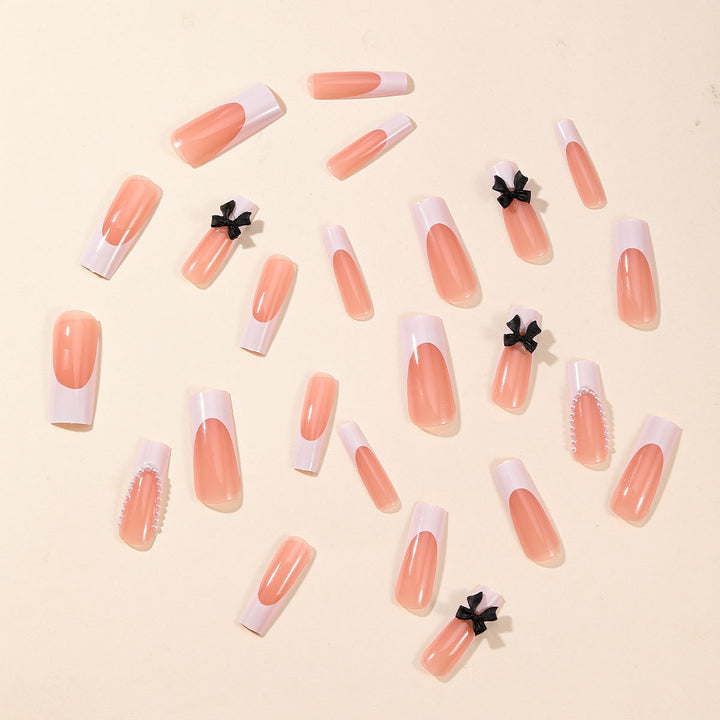 Elegant Press-On Nail Art Set with Pearl and Bow Accents Bowlift
