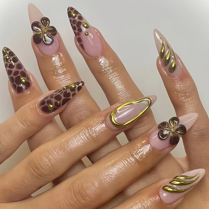 Artistic Press-On Nail Set with 3D Floral Accents Bowlift