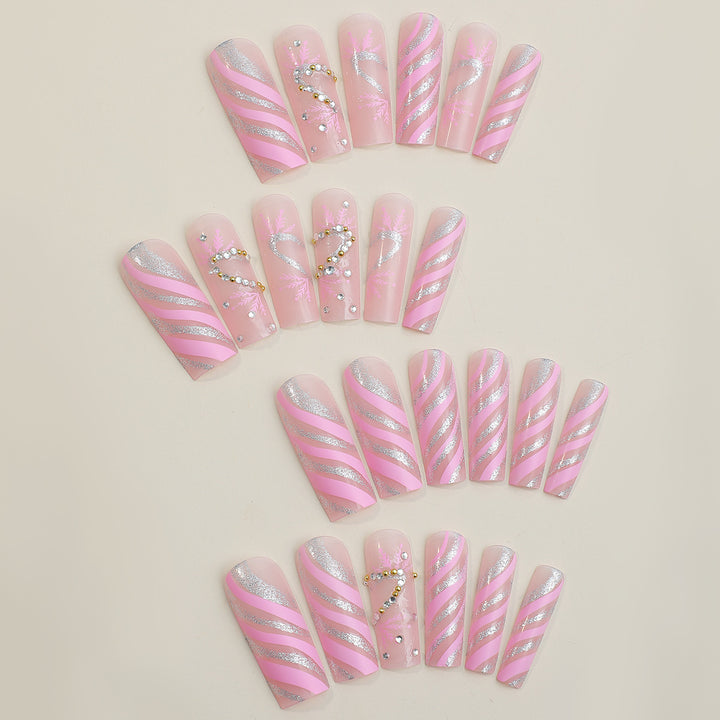 Decorative Press-On Nail Set with Exquisite Glitter Ribbon Design Bowlift