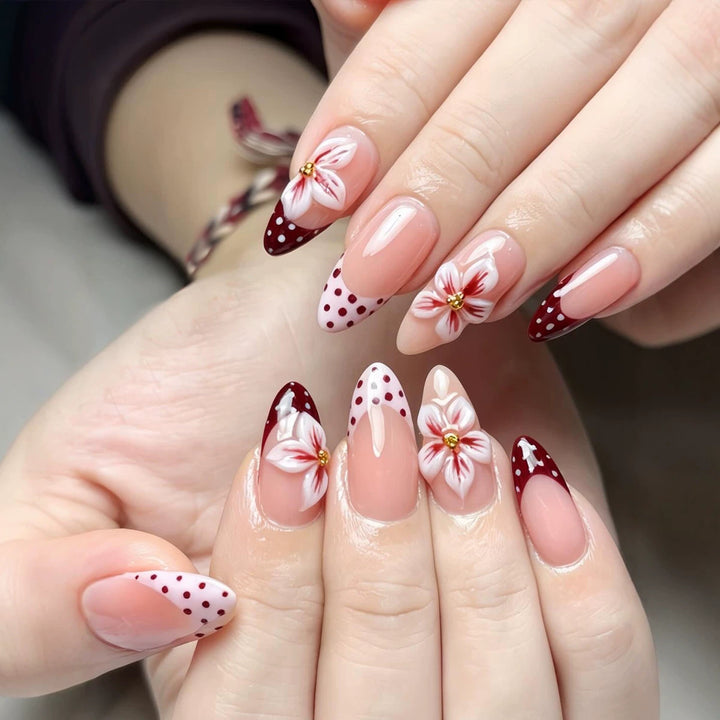 Artistic Floral Stiletto Press-On Nails with Decorative Accents Bowlift