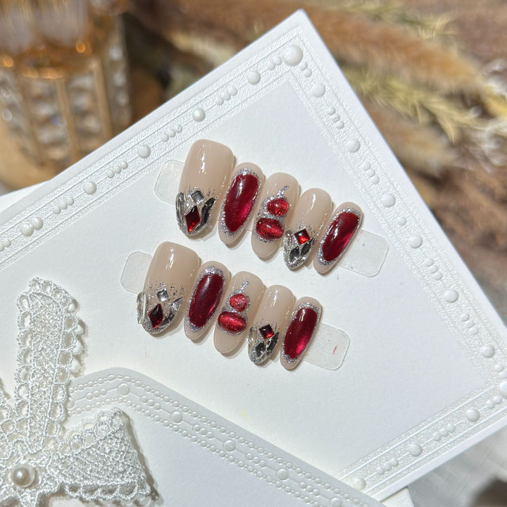 Premium Decorative Press-On Nail Set with Gemstone Accents Bowlift