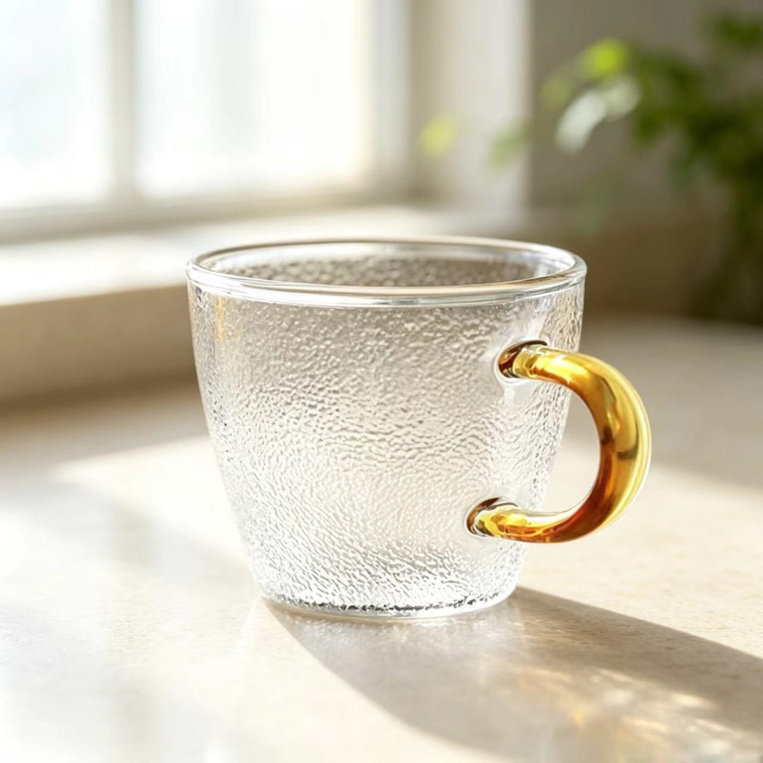 Hand-Blown Textured Glass Coffee Mug with Curved Decorative Handle Bowlift