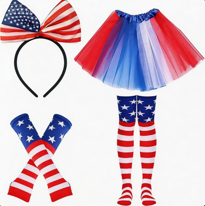 Women's nan patriotic tulle layered mini skirt headband arm sleeves and thigh high socks set Bowlift