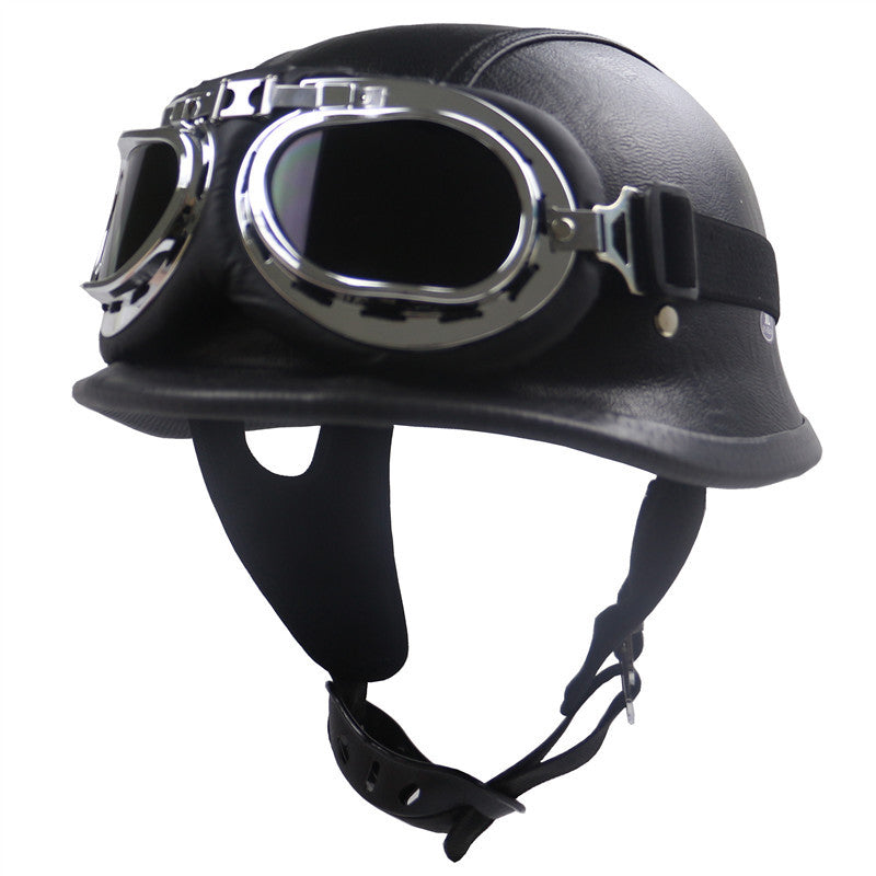 Vintage Leather Motorcycle Helmet with Chrome Goggles Bowlift