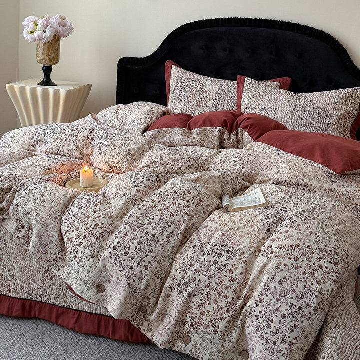 Patterned Quilted Reversible Duvet Cover Set with Button Closure and Piped Edge
