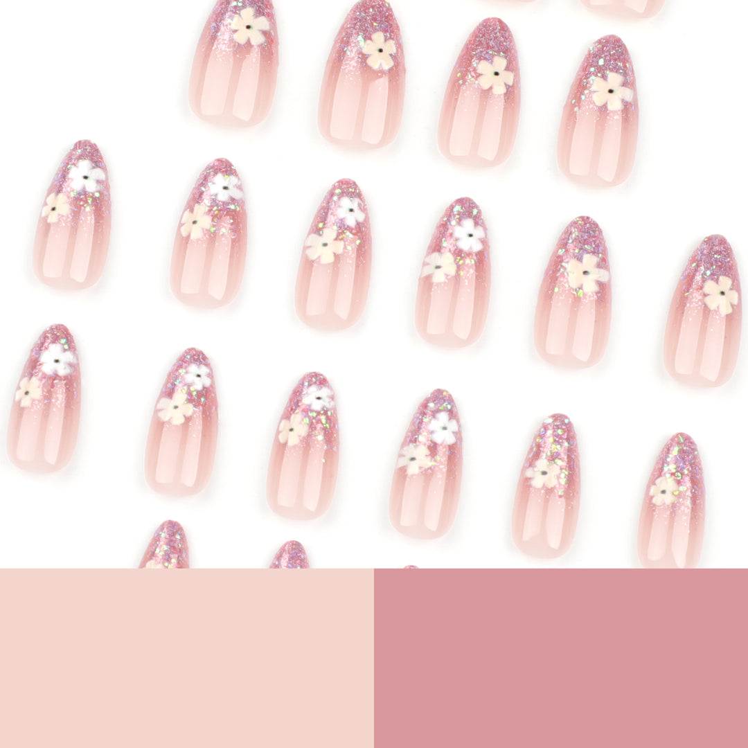 Glamorous nail extensions with glittering and floral design Bowlift