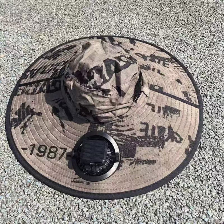 Ventilated outdoor fishing hat with two rechargeable fans, waterproof material and adjustable chin strap Bowlift