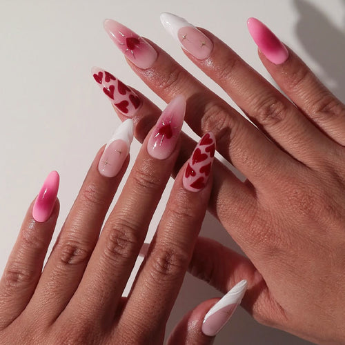 Artistic Press-On Nail Set with Gradient and Heart Patterns Bowlift