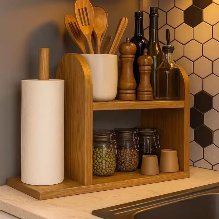 Bamboo double-tier countertop organizer with integrated paper towel holder and spice jar shelf Bowlift
