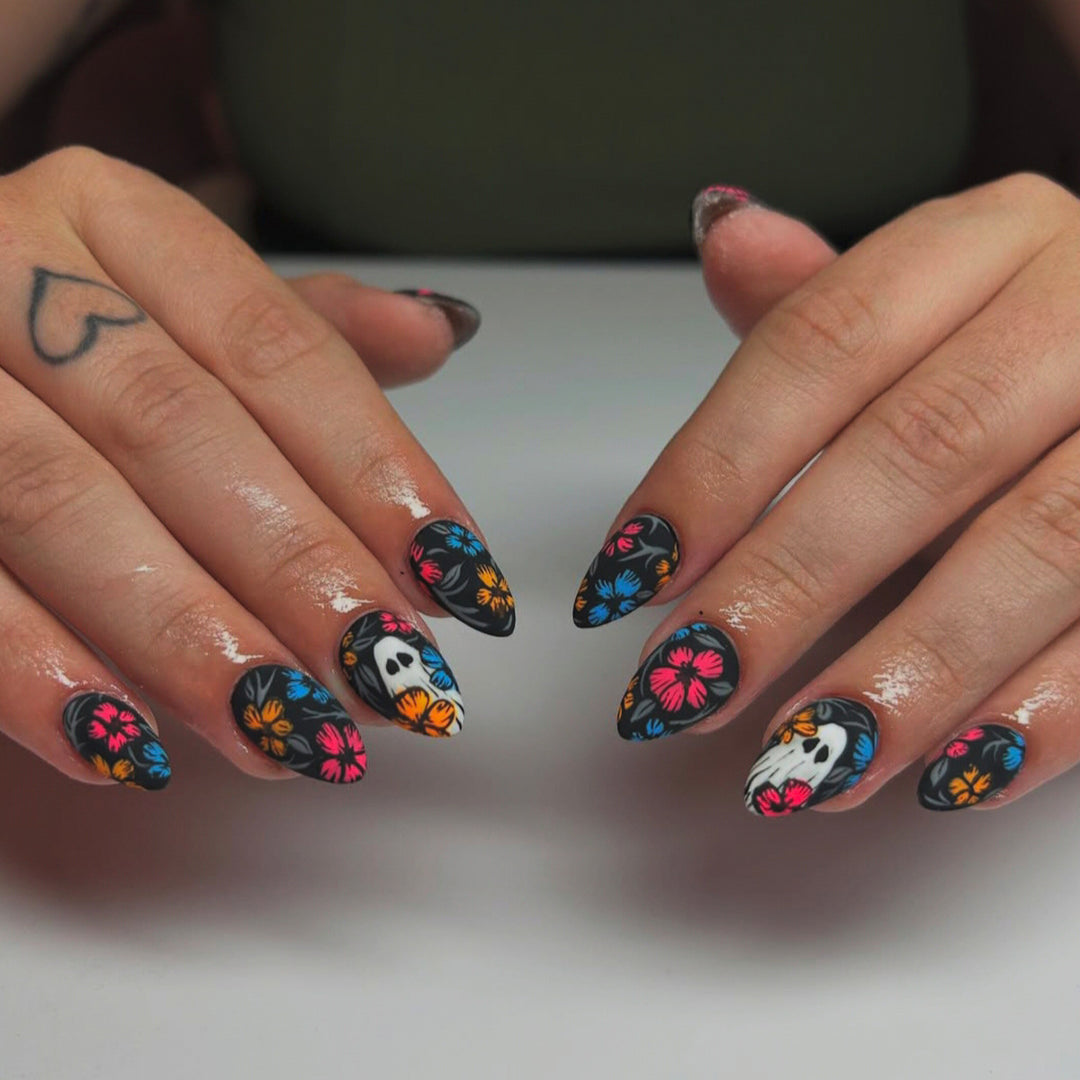 Creative Art Nails with Skull and Colorful Flower Design Bowlift