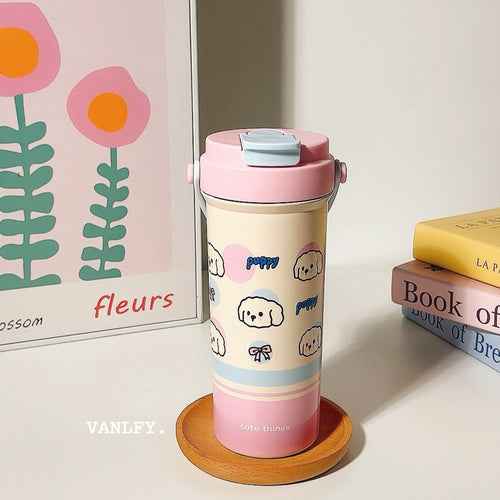 Women's insulated drinking cup with secure flip lid and cute dog design Bowlift