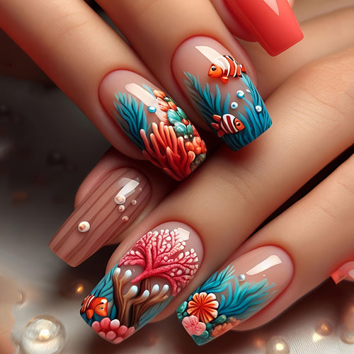 Artificial Acrylic Nails in Maritime Coral Design Bowlift