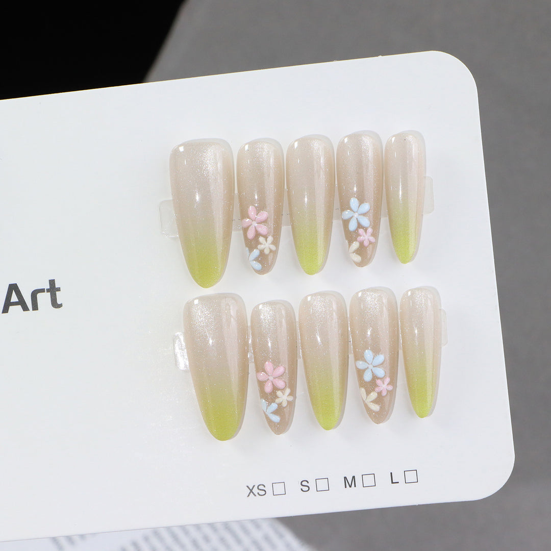 Elegant Ombre Press-On Nail Set with Floral Accents Bowlift