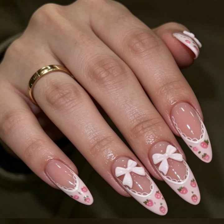 Elegant Stiletto Press-On Nails with Floral and Bow Accents Bowlift