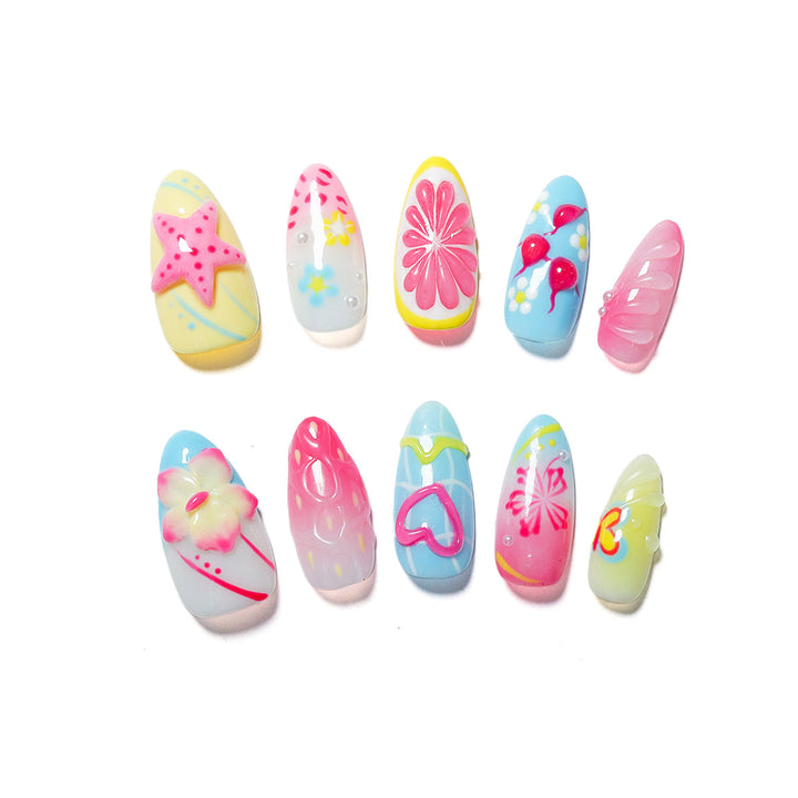 Creative nail art set with playful floral design and glitter effects Bowlift