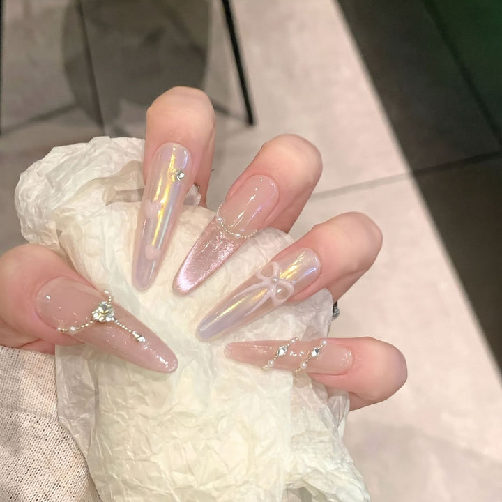 Premium Decorative Press-On Nail Set with Elegant Gemstone Accents Bowlift