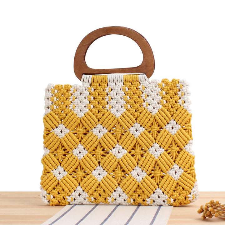 Macrame Tote Bag with Wooden Handles and Floral Details Bowlift