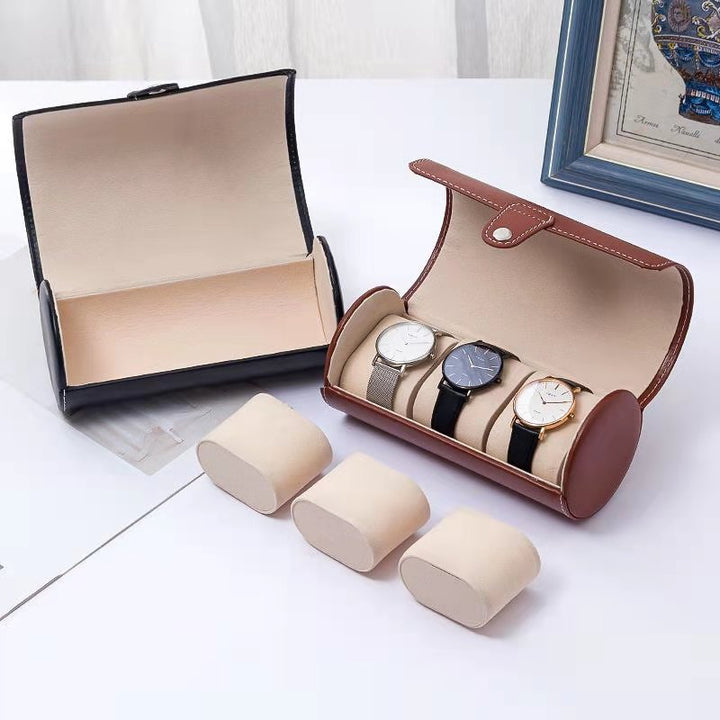 Cylindrical PU Leather Travel Watch Roll Case with Snap Closure Bowlift